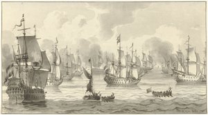 Sjølandskap med krigsflåte