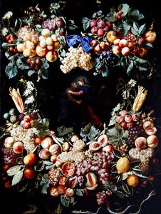 The Visitation in a Garland of Fruit (olje på lerret)