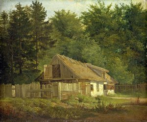 Et hus i Frederiksdalsskogen nær København, 1828 (olje på papir montert på kort)