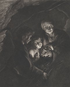 Nattscene i en hule med en gammel kvinne som holder brennende kull i en gryte, en gutt blåser..., ca. 1750-57 av Christian Friedrich Boëtius