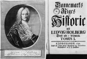 Baron Ludvig Holberg (1684-1754) og tittelsiden til bind I av hans Danmarks historie, utgitt i København, 1732