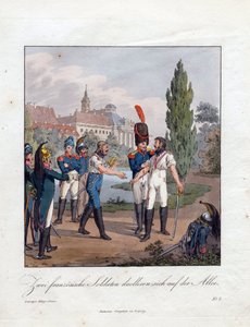""duellen av to franske soldater"" Akvarell av Christian Gottfried Heinrich Geissler (1770-1844) 1808 Privat samling