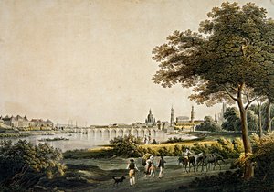 Utsikt over Dresden fra sør-vestsiden (fargegravering)