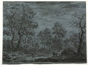 En liten elv i forgrunnen med en ku og geit, 1744. av Christian Ludwig von Hagedorn
