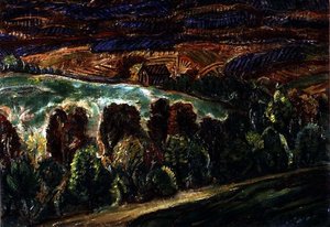 Hytte i et landskap (olje på panel) av Christian Rohlfs