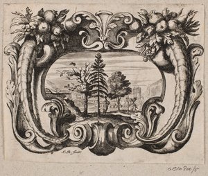 Emblem med en gartner og en amor som planter et tre