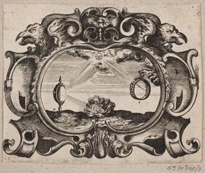 Emblem med sol som stråler gjennom en ring og gjennom et brennende glass for å tenne en brann av Christian Rothgiesser