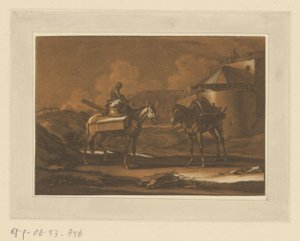 To pakkede hester utenfor bymuren, sittende på den ene et barn Ryttere, hester og kamper (serietittel)