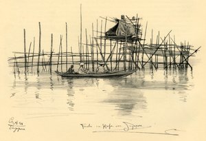 Hus på stylter og fiskere i Singapore havn, 1898. av Christian Wilhelm Allers