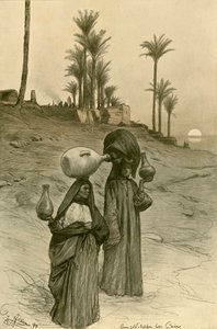 Kvinner som bærer vannpotter på bredden av Nilen, Kairo, Egypt, 1898. av Christian Wilhelm Allers