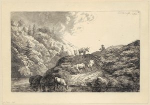 En dyreflokk ved elven [Okser drevet til vanningsstedet] av Christian Wilhelm Ernst Dietrich