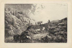 En dyreflokk ved elven [Okser drevet til vanningsstedet] av Christian Wilhelm Ernst Dietrich