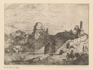 Landskap med ruinene av en port ved siden av en falleferdig bro av Christian Wilhelm Ernst Dietrich