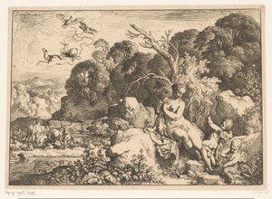 Venus sitter på en stein, akkompagnert av tre putti av Christian Wilhelm Ernst Dietrich