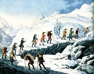 2nd Ascent of the Mont Blanc av Horace-Benedict de Saussure august 1787, farget gravering av Marquardt Wocher publisert i 1790