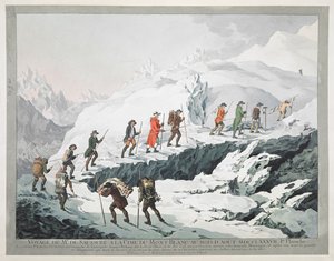 Horace Bénédict de Saussure og guidene hans krysser en isbre Month Blanc (gravering)