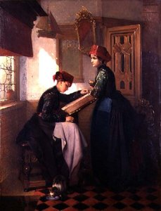 Hindeloopen Girls in an Interior (olje på panel)