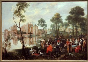 Snack i en galant scenepark. Maleri av Christophe Van der Lamen (1606-1651)