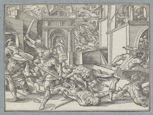 Kjempende soldater i en by Slaget i Jerusalem av Christoffel van Sichem (I)