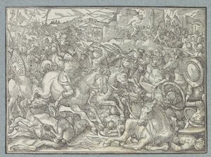 Slaget ved fjellveggen Slaget mellom israelittene mot benjamittene av Christoffel van Sichem (I)