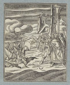 Korah, Datan og Abiram og deres familier blir slukt av jorden av Christoffel van Sichem (II)