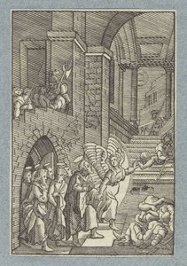 Peter og de andre apostlene blir løslatt fra fengselet av en engel av Christoffel van Sichem (II)