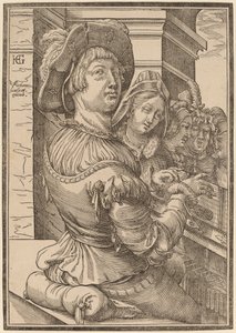 En ung mann som spiller et psalterium av Christoffel van Sichem I after Hendrik Goltzius