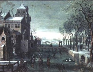 Et vinterlandskap med kunstløp ved et moated slott av Christoffel van den (circle of) Berghe