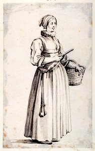 Figur med kurv og kniv (penn og brunt blekk på papir)