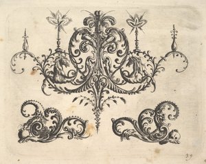 En fantastisk lysekrone med brennende stearinlys og arabesker, noen ender på fantastisk hest..., 1610.