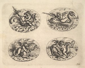 Fire ovaler med Genii, plater fra Neue Grotessken Buch, 1610.
