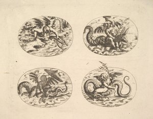 Putti med sjømonstre, tallerkener fra Neue Grotessken Buch, 1610.
