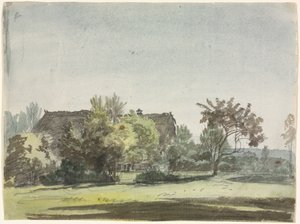 Våningshus bak trær, ca. 1790.