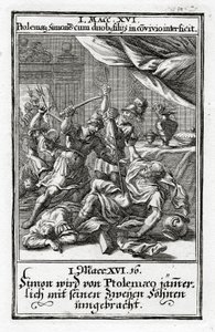 Simon og hans to sønner blir drept av Ptolemaios.1 Makkabeerne 14:16, 1695
