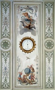 Panel av den store stuen på Chateau de Champs sur Marne med barometer og kinoserie. Veggdekor malt av Christophe Huet (1700-1759) av Christophe Huet