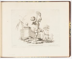 Plate 10, Le Tambour de Basque (Tamburinen), Monkey-antikk eller forskjellige handlinger av menneskeliv representert av aper av Christophe Huet