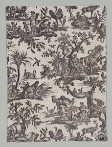 Fragment av Copperplate Printed Cotton med Les quatres parties du monde Design, 1788.