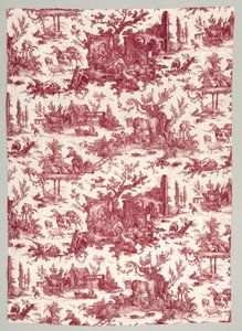 Stripe av kobbertrykt bomull med Les plaisirs de la ferme-design, 1785-1790.