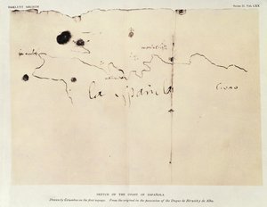 Skisse av kysten av Espanola, tegnet av Columbus på den første reisen, fra originalen i besittelse av Duque de Berwick y de Alba, 1492 (blekk på papir)