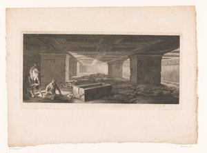 Etruskisk gravkammer i Tarquinia med en tegner til venstre som er opplyst med en fakkel av Christopher Norton
