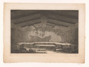 Etruskisk gravkammer i Tarquinia med et veggmaleri som viser en prosesjon på bakveggen av Christopher Norton