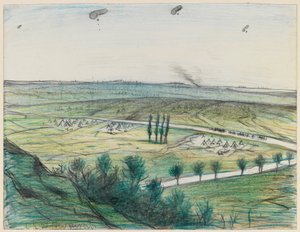 Landskap med observasjonsballonger, 1914-18 (blyant og fargestift på papir) av Christopher Richard Wynne Nevinson