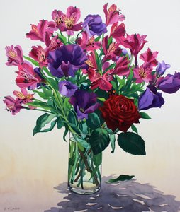Blomster med rød rose (akvarell på papir) av Christopher Ryland