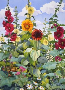 Hollyhocks and Sunflowers, 2003 (akvarell på papir) av Christopher Ryland