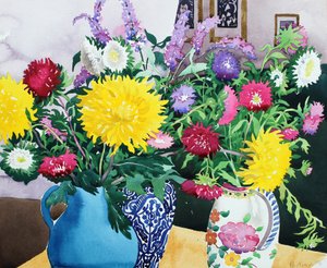 Interiør med asters (akvarell på papir) av Christopher Ryland