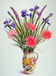 Iris og Gerbera i en nederlandsk mugge (wc) av Christopher Ryland