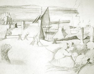 Breton Fishing Village, ca. 1929-30 (blyant på papir) av Christopher Wood