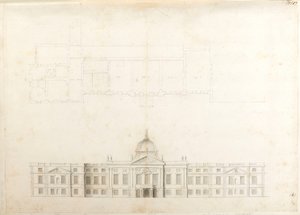 Hampton Court Palace, delplan og skisseopphøyde for en inngangsfasade, sannsynligvis for andre plan, nummerert 5 og 6