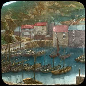 Fiskebåter i havnen, Polperro, Cornwall, slutten av 1800- eller begynnelsen av 1900-tallet