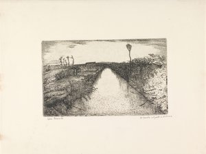 Landskap med kanal Il canale col ponte in distanza (tittel på objekt) av Cino Bozzetti